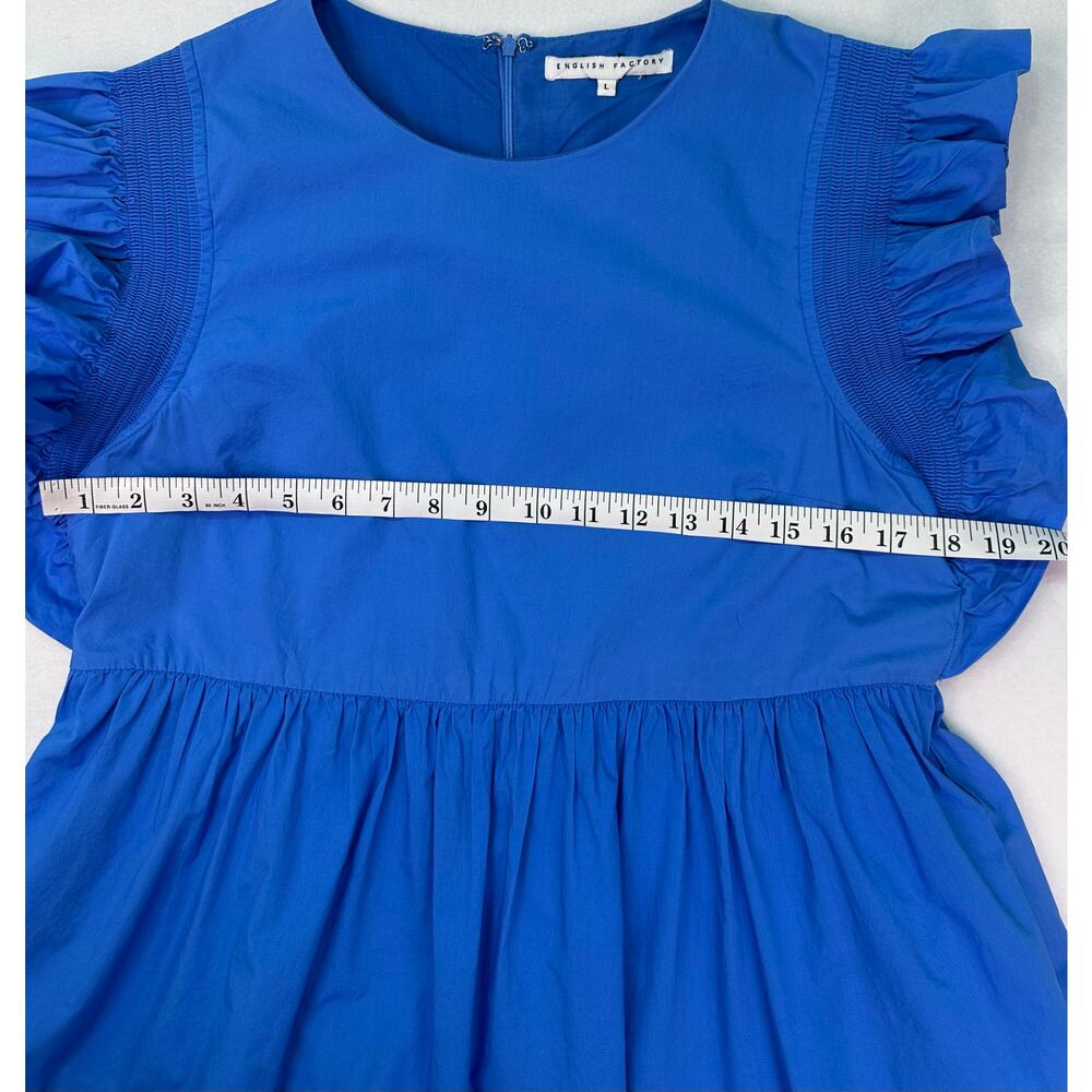 English Factory Blue Ruffled Sleeve Babydoll Mini Dress With Pockets Size Large - Picture 12 of 13